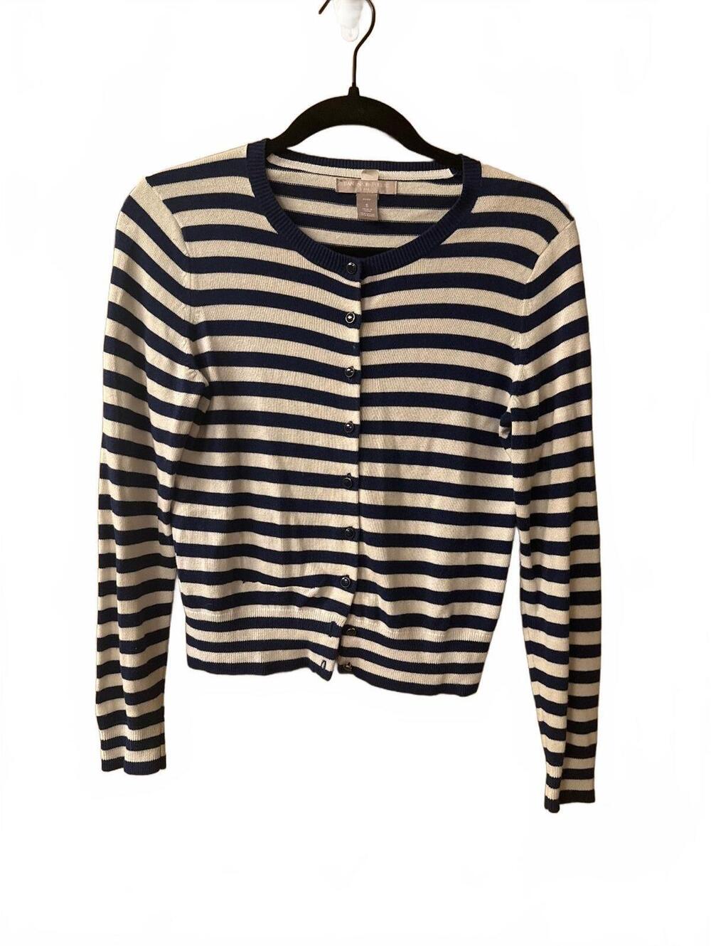 Banana Republic Women's Navy and White Striped Button-Up Cardigan Sweater